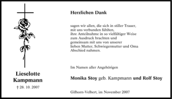 Traueranzeige von Lieselotte Kampmann von Tageszeitung