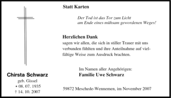 Traueranzeige von Chirsta Schwarz von Tageszeitung