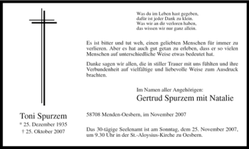 Traueranzeige von Toni Spurzem von Tageszeitung