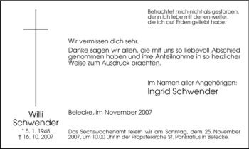 Traueranzeige von Willi Schwender von Tageszeitung