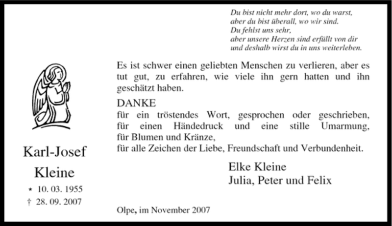  Traueranzeige für Karl-Josef Kleine vom 19.11.2007 aus Tageszeitung