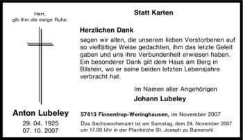 Traueranzeige von Anton Lubeley von Tageszeitung