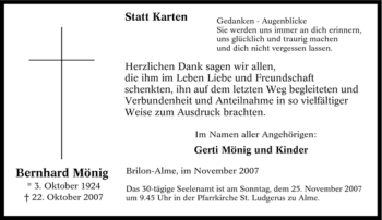 Traueranzeige von Bernhard Mönig von Tageszeitung