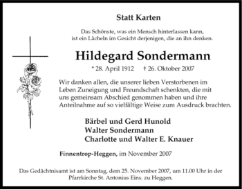Traueranzeige von Hildegard Sondermann von Tageszeitung