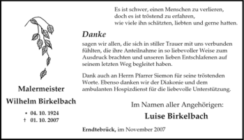 Traueranzeige von Wilhelm Birkelbach von Tageszeitung
