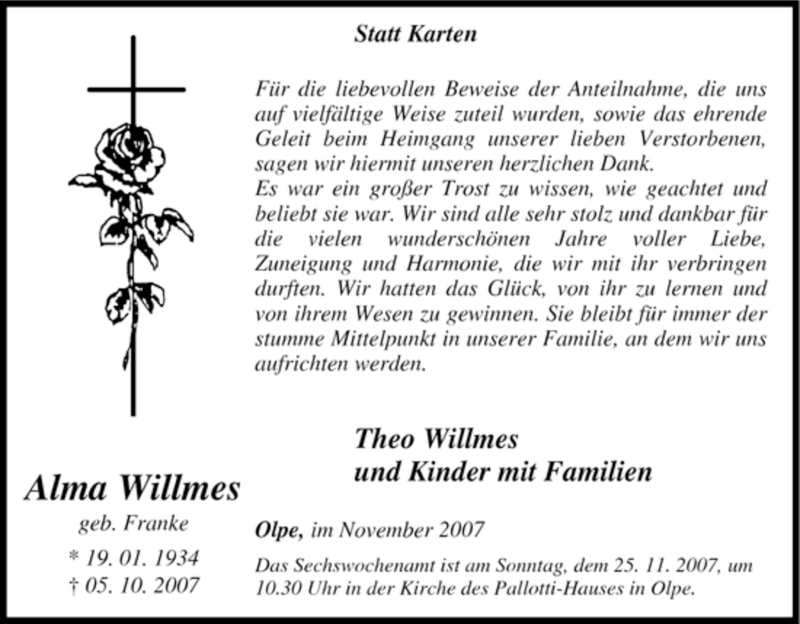  Traueranzeige für Alma Willmes vom 20.11.2007 aus Tageszeitung