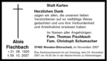 Traueranzeige von Alois Fischbach von Tageszeitung