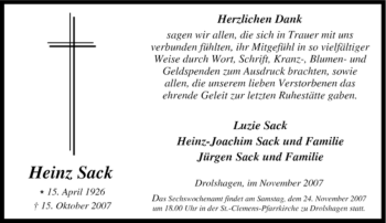 Traueranzeige von Heinz Sack von Tageszeitung