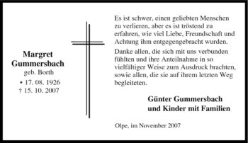 Traueranzeige von Margret Gummersbach von Tageszeitung