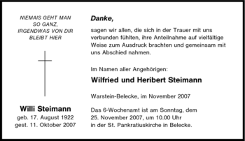 Traueranzeige von Willi Steimann von Tageszeitung