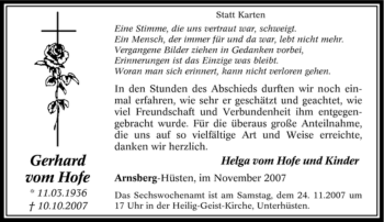Traueranzeige von Gerhard vom Hofe von Tageszeitung
