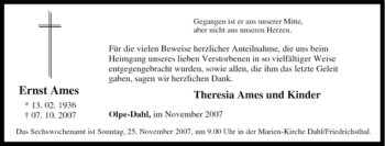 Traueranzeige von Ernst Ames von Tageszeitung