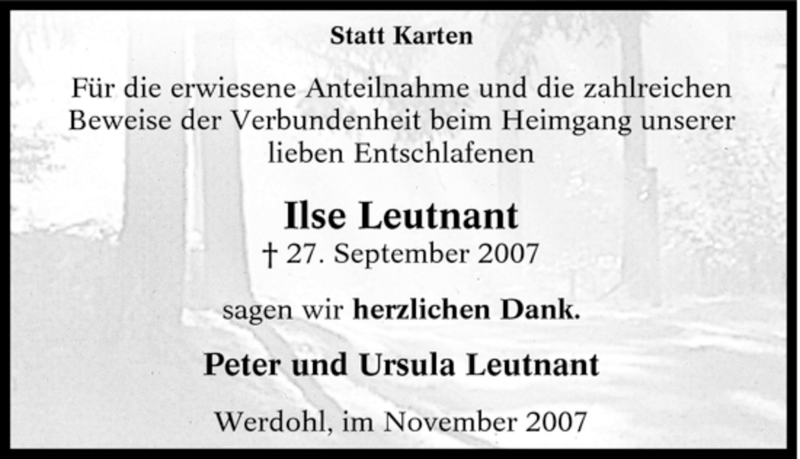  Traueranzeige für Ilse Leutnant vom 24.11.2007 aus Tageszeitung