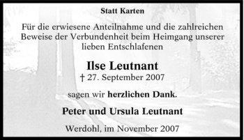 Traueranzeige von Ilse Leutnant von Tageszeitung