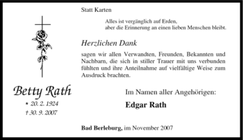 Traueranzeige von Betty Rath von Tageszeitung