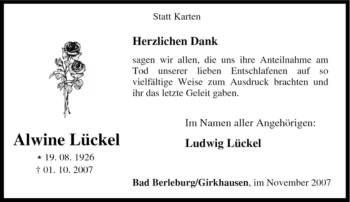 Traueranzeige von Alwine Lückel von Tageszeitung