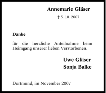 Traueranzeige von Annemarie Gläser von Tageszeitung