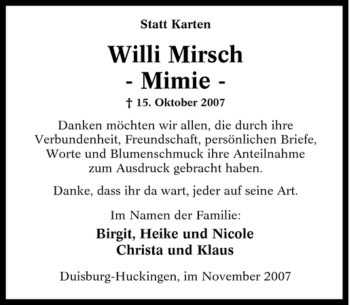 Traueranzeige von Willi Mirsch von Tageszeitung