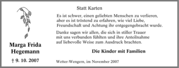 Traueranzeige von Marga Frida Hegemann von Tageszeitung
