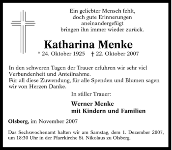 Traueranzeige von Katharina Menke von Tageszeitung