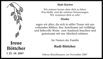 Traueranzeige von Irene Böttcher von Tageszeitung