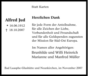 Traueranzeige von Alfred Jud von Tageszeitung