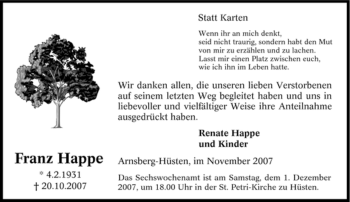 Traueranzeige von Franz Happe von Tageszeitung