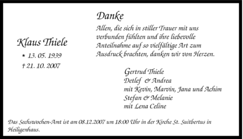  Traueranzeige für Klaus Thiele vom 24.11.2007 aus Tageszeitung