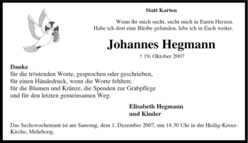 Traueranzeige von Johannes Hegmann von Tageszeitung