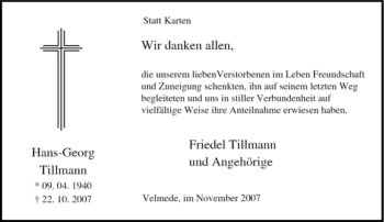 Traueranzeige von Hans-Georg Tillmann von Tageszeitung