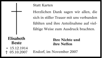 Traueranzeige von Elisabeth Beste von Tageszeitung