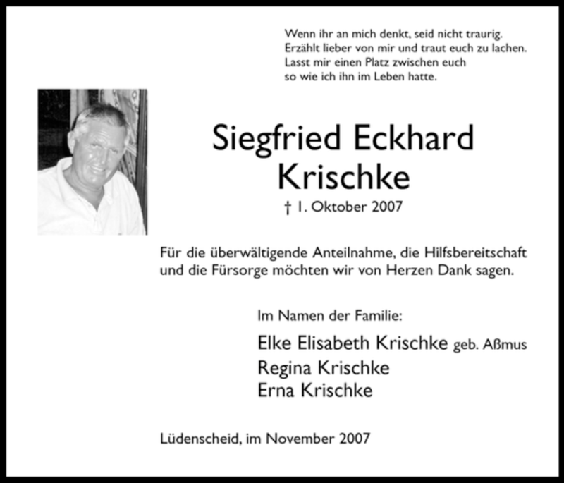 Traueranzeige für Siegfried Eckhard Krischke vom 24.11.2007 aus Tageszeitung