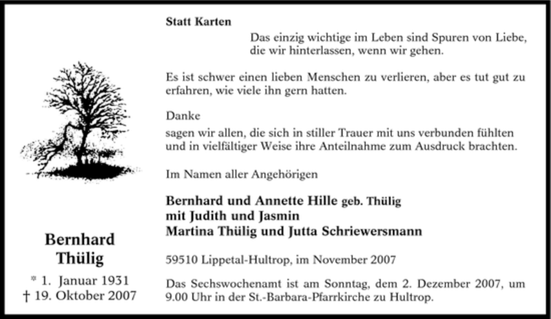  Traueranzeige für Bernhard Thülig vom 26.11.2007 aus Tageszeitung