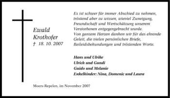 Traueranzeige von Ewald Krothofer von Tageszeitung