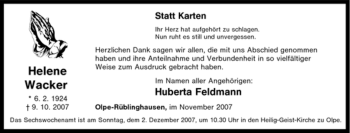 Traueranzeige von Helene Wacker von Tageszeitung