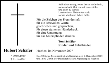 Traueranzeige von Hubert Schäfer von Tageszeitung