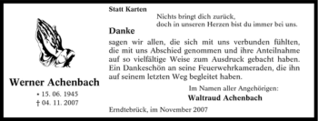 Traueranzeige von Werner Achenbach von Tageszeitung