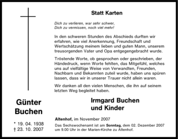 Traueranzeige von Günther Buchen von Tageszeitung