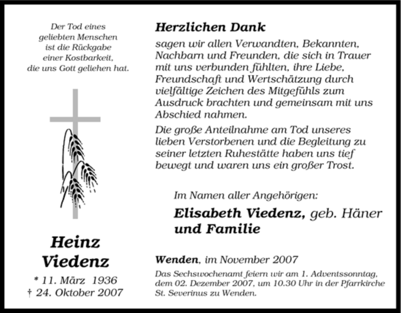  Traueranzeige für Heinz Viedenz vom 28.11.2007 aus Tageszeitung
