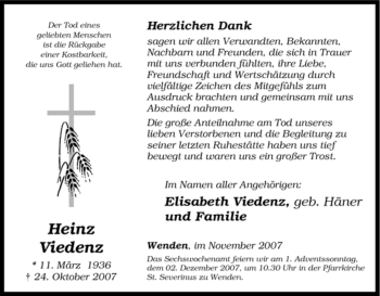 Traueranzeige von Heinz Viedenz von Tageszeitung