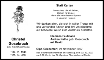 Traueranzeige von Christel Gosebruch von Tageszeitung