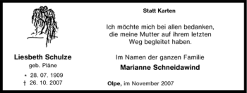 Traueranzeige von Liesbeth Schulze von Tageszeitung