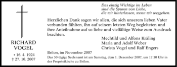 Traueranzeige von Richard Vogel von Tageszeitung