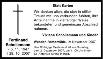 Traueranzeige von Ferdinand Schollemann von Tageszeitung