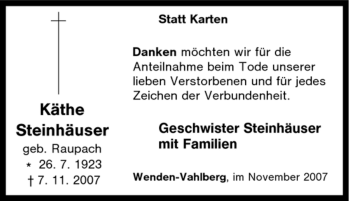 Traueranzeige von Käthe Steinhäuser von Tageszeitung