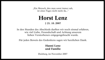 Traueranzeige von Horst Lenz von Tageszeitung