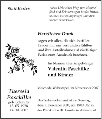 Traueranzeige von Theresia Paschilke von Tageszeitung