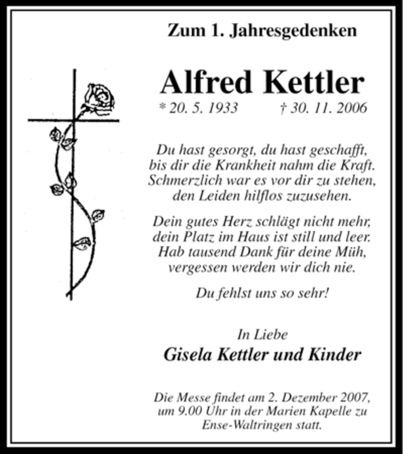  Traueranzeige für Alfred Kettler vom 30.11.2007 aus Tageszeitung