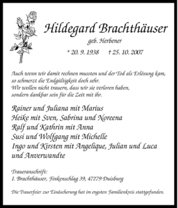 Traueranzeige von Hildegard Brachthäuser von Tageszeitung