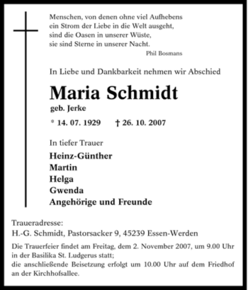 Traueranzeige von Maria Schmidt von Tageszeitung